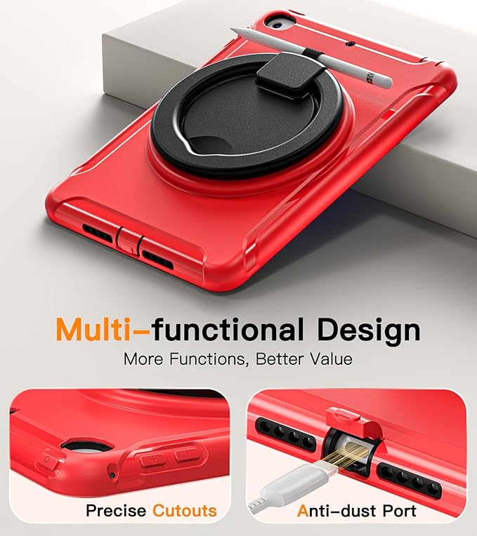 BATYUE Shockproof Case for iPad mini 4/5 (2015/2019) - 360° Multi-Angle Stand (Portrait &amp Landscape) &amp Grip Pencil Holder (Elastic Loop) Multi-Scene for All Ages Red