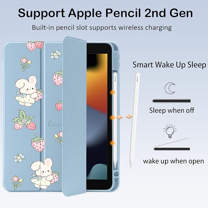 Cute Kawaii Bunny Strawberry for iPad (A16) 11th Generation Case 11 Inch 2025 for iPad 10th Generation Case 10.9 Inch 2022 with Pencil Holder Auto Sleep/Wake Blue Leather Clear Acrylic Back Cover