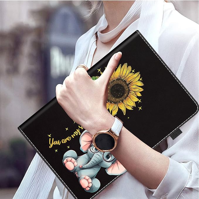 Case for All-New Amazon Fire HD 10 and 10 Plus Tablet (13th/11th Generation 2023/2021 Release) 10.1 - Slim Fit Standing Cover with Auto Sleep/WakeCute Elephant and Sunflower