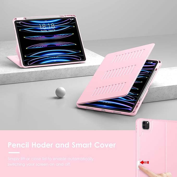 VIKESI Case for iPad Pro 12.9 6th / 5th / 4th / 3rd Generation Case 2022/2021/2020/2018Multiple Angles Magnetic Stand CoverShockproof Soft BackPencil Holderand Auto Sleep/WakePink