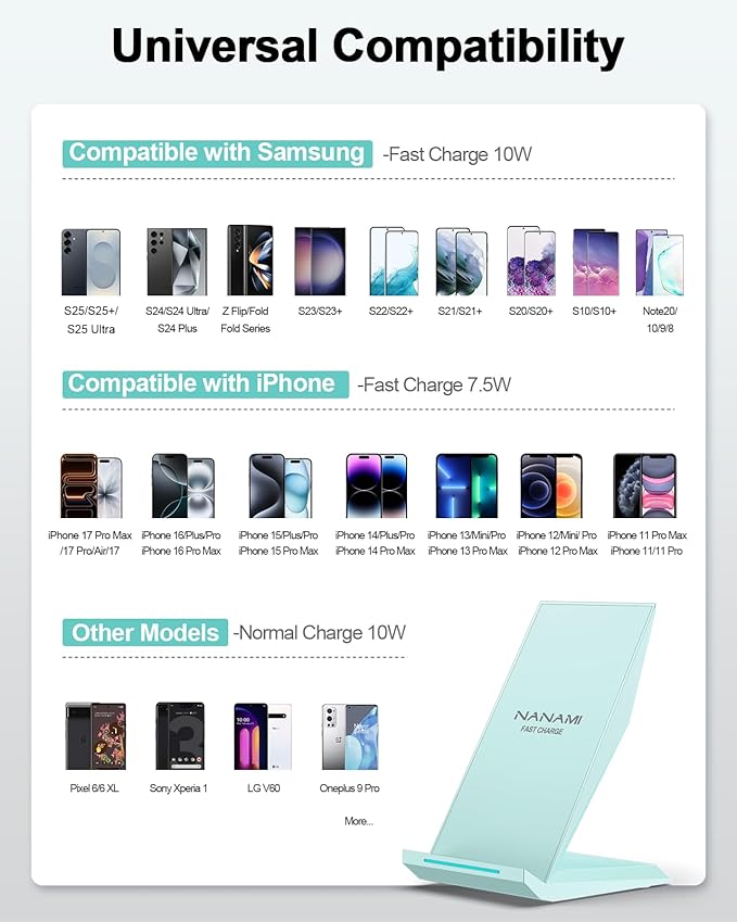 NANAMI Fast Wireless Charger Charging Stand[with 20W PD Charger] Compatible with iPhone 17/16/15/14/13/12/12 Desktop Charger Stand for Samsung Galaxy S26/S26+/S25/S25+/S25 Ultra/S24/S23/S22/S21/S20