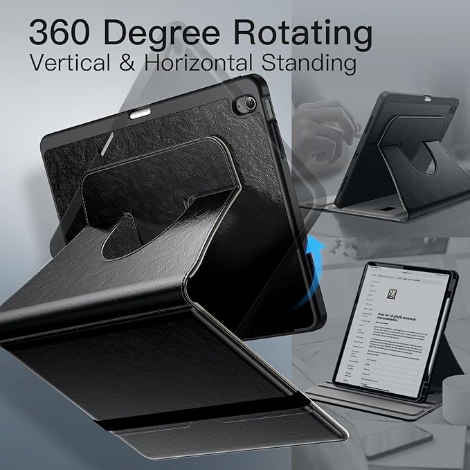 JETech Rotating Case for iPad Air 13-Inch M4/M3/M2 (2026/2025/2024) with Pencil Holder 360 Degree Rotation PU Leather Folio Protective Cover (Black)