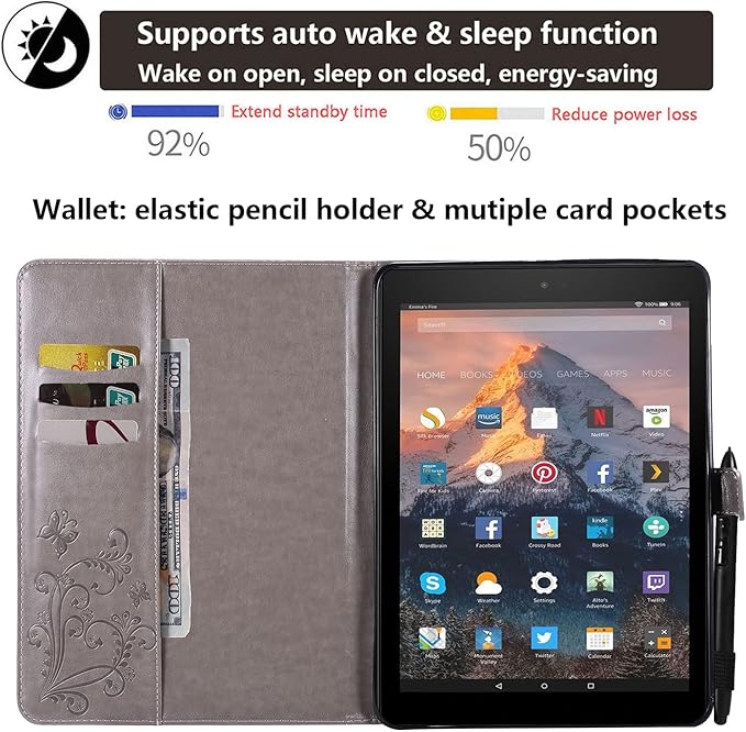 for Kindle Fire HD 10 &amp HD 10 Plus Case 13th/11th Generation 10.1 (2023/2021) Stand Embossed PU Leather Magnetic Wallet Cover with Pencil Holder/Pockets [Auto Wake/Sleep] Gray Butterfly