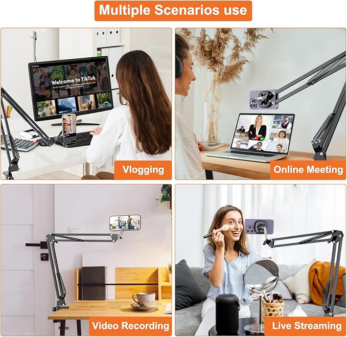 VRIG Overhead Phone Mount Stand with Magsafe Articulating Arm Cell Phone Holder for Desk Cell Phone Holder for Live Streams Zoom Calls Online Teaching Selfies Remote Working