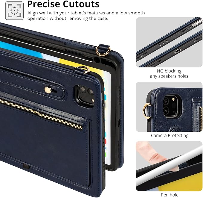 Dteck Case for iPad Air 13 inch M2 2024/iPad Pro 12.9 Case 6th/5th/4th/3rd Generation 2022/2021/2020/2018Premium PU Leather Shockproof Protective Case Zipper Pocket Strap Soft TPU CoverDarkblue