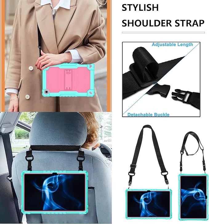 Hybrid Case for Onn 10.4 Tablet Pro 2023 Model: 100110603 with Tempered Glass &amp Shoulder Strap (Green+Pink/2 Pcs)