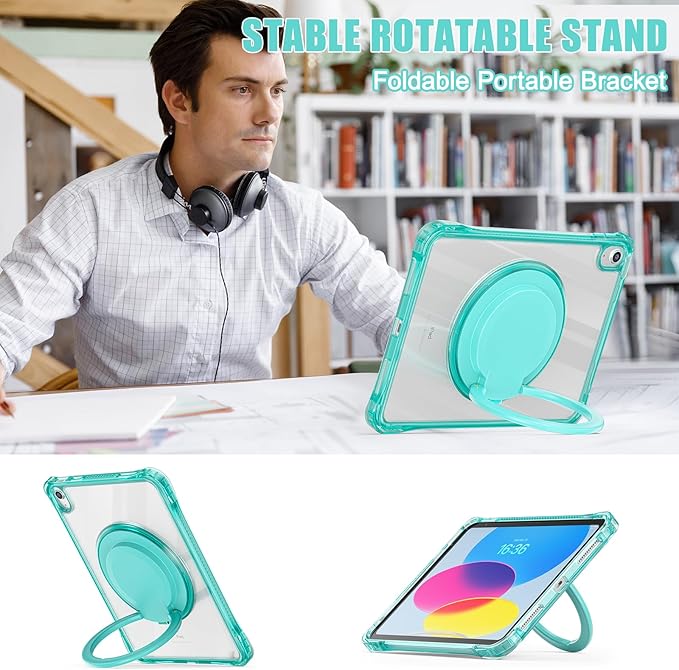Mektron for 2025 iPad 11 inch (A16 Chip) 11th Gen Case PC Clear Cover for iPad 10th Gen10.9 inch 2022 Shockproof Tablet Cases with Soft TPU &amp Rotating Stand for Kids Light Green