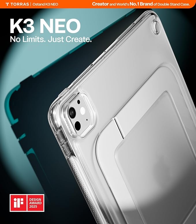 TORRAS Ostand K3 Neo for iPad Pro 11 Inch Case M5 (2025) / M4 (2024) Viewing Angles AdjustableUltra Stable Stand Shockproof Protective Slim Kickstand Case with Pencil Holder Matte Translucent