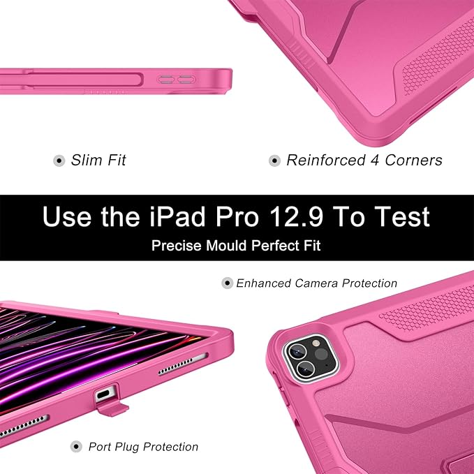 Soke Case for iPad Pro 12.9 Inch 6th/5th/4th Generation(2022/2021/2020 Release) Rugged Shockproof Protective Cover with Built-in Kickstand for Apple iPad Pro 12.9 - Hot Pink