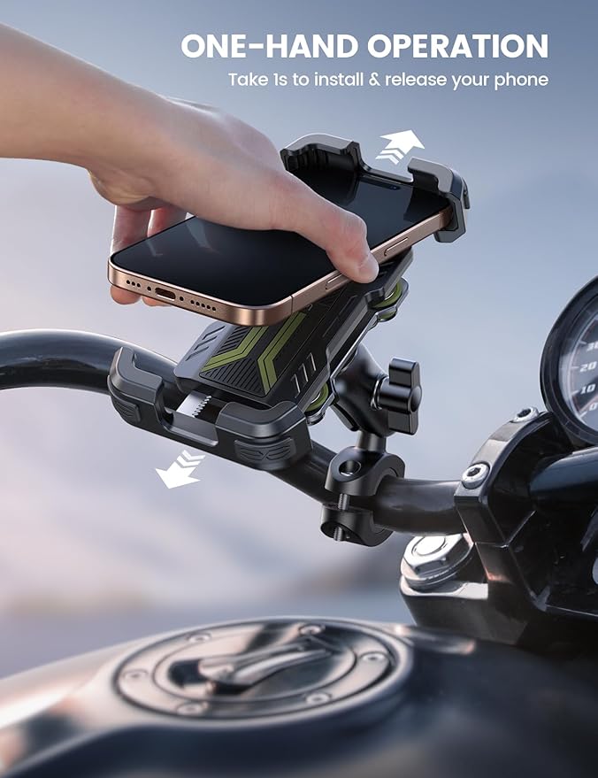 Lamicall Motorcycle Phone Mount Holder - [Dual Vibration Dampener] [Metal Adjustment Arm] Motorcycle Cell Phone Holder Bike Handlebar Phone Mount for iPhone 16 15 14 Pro Max 4.7-6.7 Phones Green