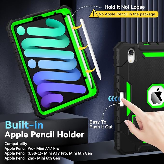 Grifobes Case for iPad mini 7 (A17 Pro) 2024 / Mini 6 2021 8.3 inch Heavy Duty Shockproof Rugged Cover with Pencil Holder Stand for I Pad Mini 7th/6th Gen 8.3 Case (Black+Green)