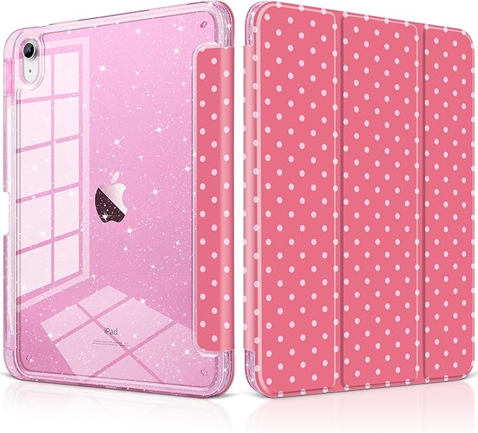 DONGKE for iPad Case 9th/8th/7th Generation 10.2 Inch (2021/2020/2019) Shockproof Glitter Acrylic Back with Trifold Stand Pencil Holder &amp Auto Sleep/Wake - Dark Pink Polka Dot