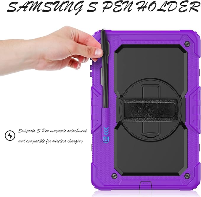 Tablet Case for Samsung Galaxy Tab S8 Plus/S7 FE/S7 Plus 12.4 [Shockproof] with Tempered Glass Screen Protector Rotating Kickstand/Hand &amp Shoulder Strap/S Pen Holder (Purple)
