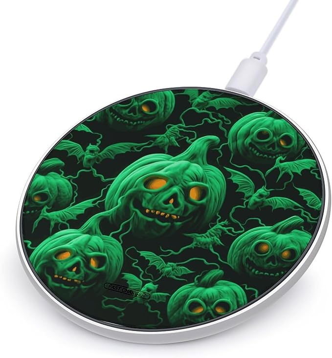 Green Ghost Horror Halloween Pumpkin Wireless Charger Fast Wireless Charging Pad with USB Cable 10W Anti-Slip Magnetic Wireless Charger Portable Slim Charger Puck Travel Charging Station