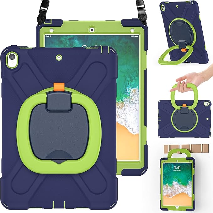 BRAECN Case for iPad Air 3 10.5 Inch 2019 Hybrid Shockproof Rugged Silicone Case with Pencil Holder Folding Hand Grip Stable KickstandCarrying Shoulder Strap for iPad Pro 10.5” 2017-Navy Green