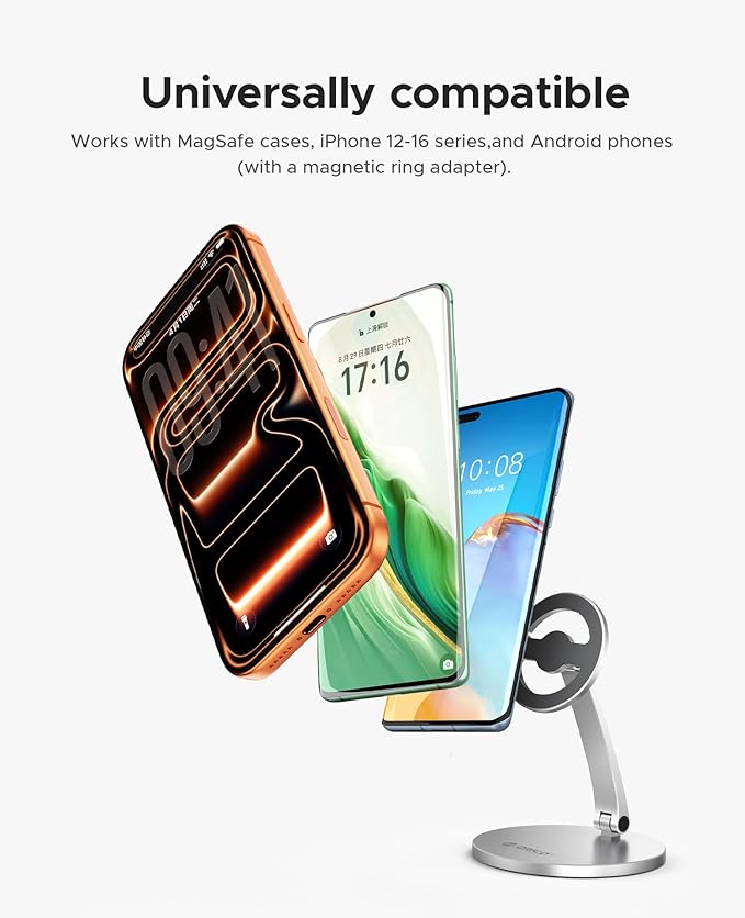 ORICO Magnetic Phone Stand for Magsafe Adjustable Foldable Aluminum Alloy Stand for iPhone 17/16/15/14/13/12 Pro Max Air/Magsafe Case Phone Holder for Desk Streaming &amp Video Calls - PS1 Sliver