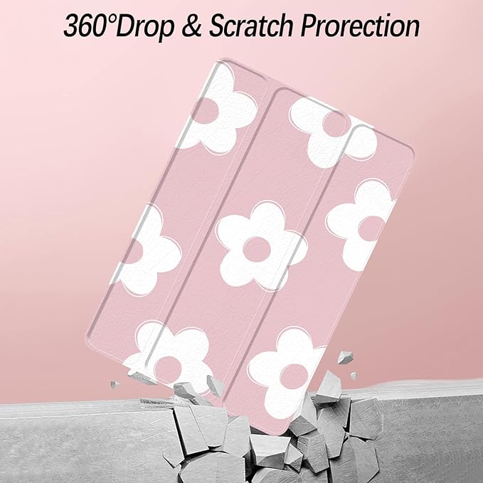 Case for iPad Air 13 Inch M3 2025/M2 2024 iPad Pro 12.9 inch 6th /5th /4th/ 3rd Generation (2022/2021/2020/2018) Case Cover with Pencil Holder/Clear Back Auto Sleep/Wake Pink White Flower