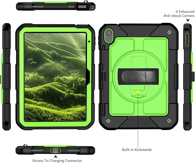 MENZO Case for iPad A16 11th Generation 11 Inch 2025 iPad 10th Gen 2022 10.9 inch 360° Rotating Stand Built-in Pencil Holder Convenient Hand and Shoulder Strap Durable Shockproof Black+Green