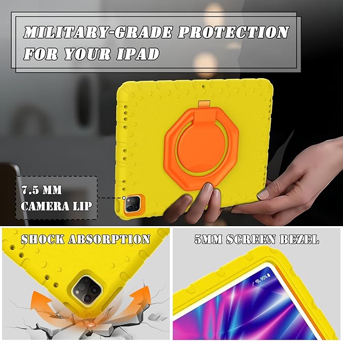 for iPad Pro 12.9 Case 3rd 4th 5th 6th Generation with Pencil Holder &amp 360° Rotating Handle Stand New Cute Rugged Cover for iPad Pro 12.9 inch 2022/2021/2020/2018 - Yellow