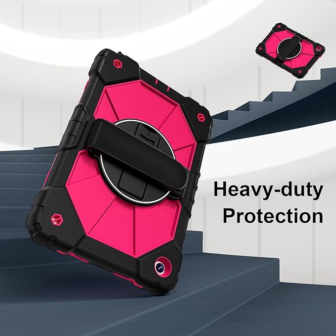 Case for Samsung Galaxy Tab A9 Plus(X210/X216/X218)/A11+ 11 Inch 2025 (X230/X236B) Heavy Duty Shockproof Rugged 360 Rotating Hand Strap Protective Tablet Case for Tab A11 PlusBlack+Rose Red