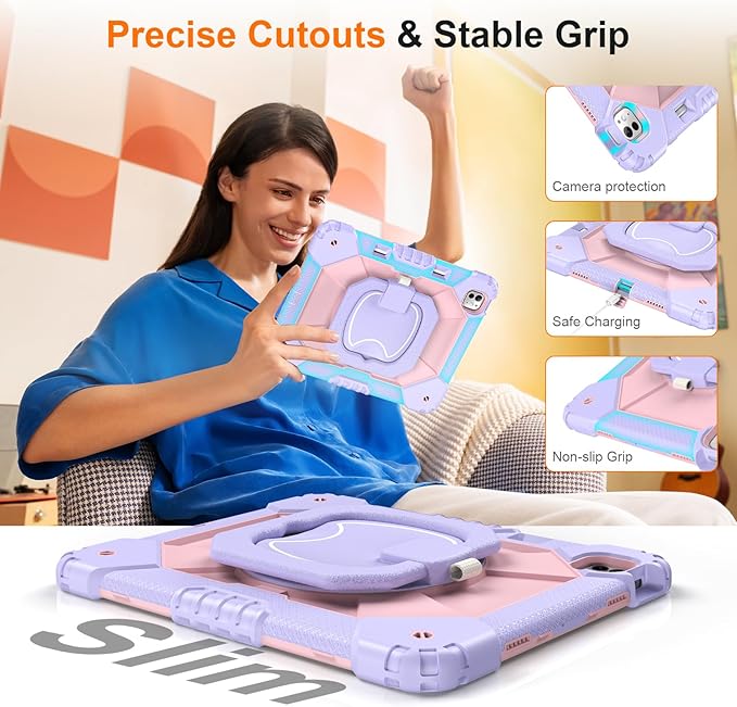 Case for iPad Pro 13 Inch M5 2025 / M4 2024 Auorld for iPad Pro 13 Inch M5 2025 with Screen Protector 360 Degree Rotating Stand Shoulder Strap Pencil Holder Purple Pink