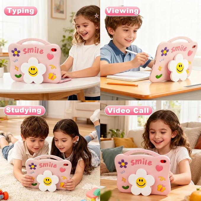 Kids Case for iPad （A16） 11th Generation 11 inch 202510th Generation 10.9‘’ 2022 3D Cute Silicone Cover with Sunflower Kickstand Adjustable Shoulder Strap &amp Pencil Holder for Girls -Pink