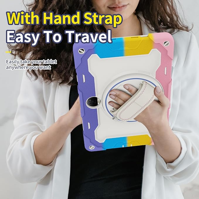 Tablet Case for Honor Pad 9 12.1Kids Rainbow Heavy Duty Silicone Shockproof Case with Pencil HolderShoulder StrapRotating Fold KicjstandHand Strap