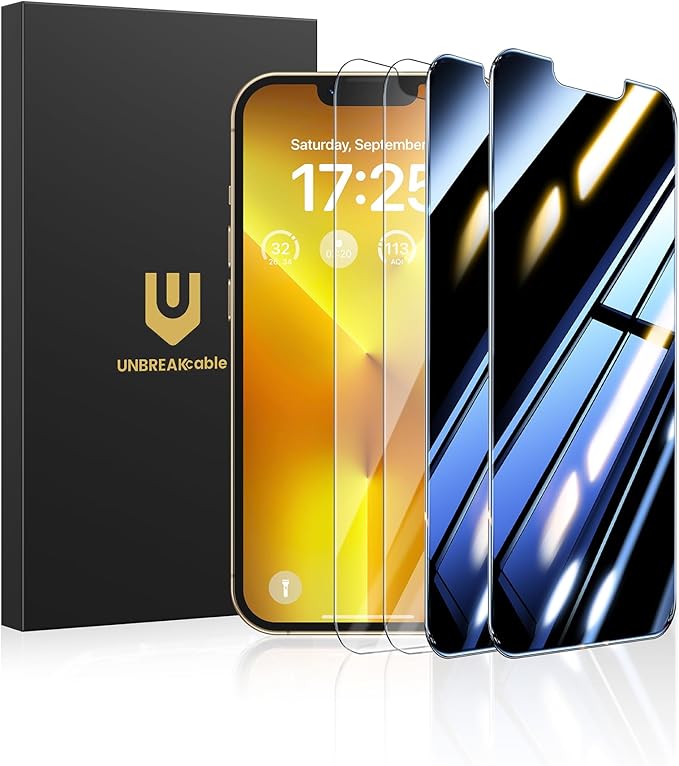 UNBREAKcable 4PCS Screen Protector for iPhone 13 Pro Max - 2 Privacy Tempered Glass+2 Clear Glass Double Shatterproof [Installation Frame] [9H Hardness] [Case Friendly] Anti-Scratch iPhone 6.7 inch