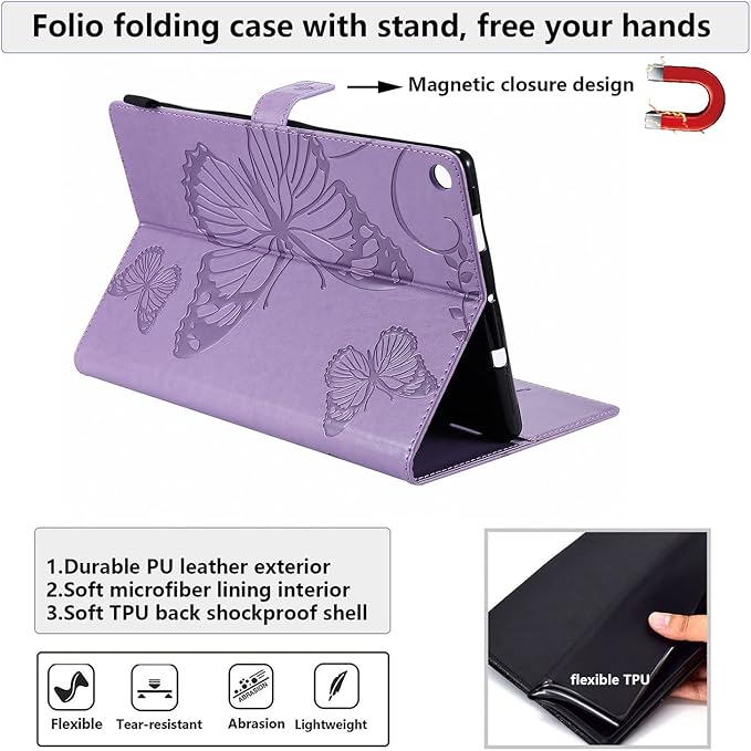 Kindle Fire HD 10 Tablet 2019/2017 Case 9th/7th Generation 10.1 with Pencil Holder Pockets [Auto Sleep/Wake] Folio Stand Embossed PU Leather Magnetic Smart Wallet TPU CoverPurple Butterfly