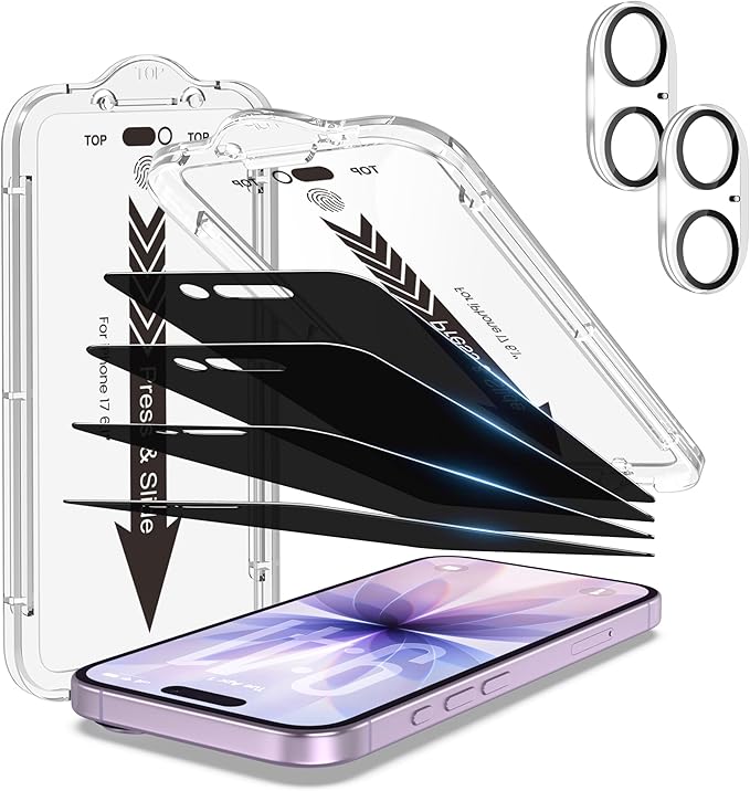 EZ-GLAZ- 4 Pack for iPhone 17 Privacy Screen Protector [6.3] With 2 Pack Camera Lens Protector 9H+ Hardness 12FT Military Grade Shatterproof Scratch Resistant Durable Tempered Glass Film with Flawle