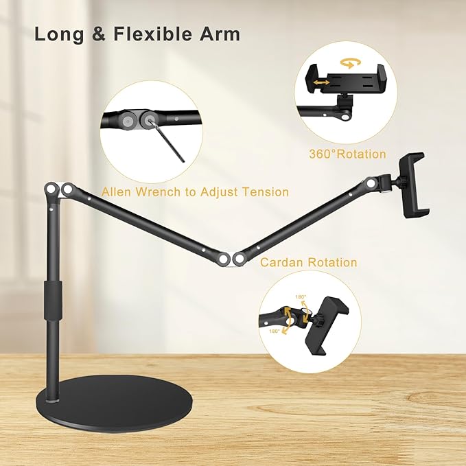 Overhead Phone Mount for Desk 17 Long Arm Adjustable iPhone Holder Heavy Duty Rotatable Stand for Video Recording Live Streaming Crafting Cooking