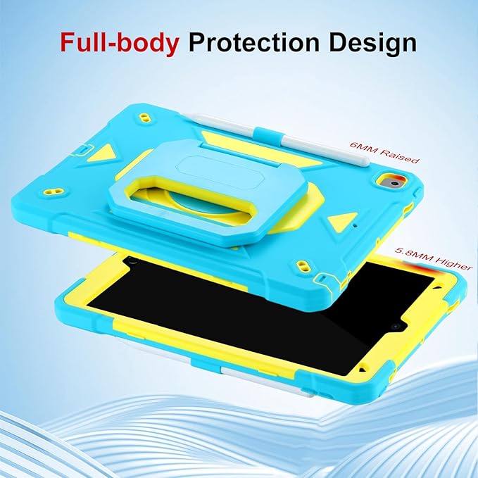 Case for iPad 9th Generation (2021) /iPad 8th Gen (2020)/iPad 7th Gen (2019) Military Grade Shockproof iPad Case Built-in 360°Rotating Stand/Pen Slot/Shoulder Strap for iPad 10.2 (Blue+Yellow)