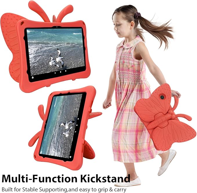 Dteck Fire HD 10 Tablet Case (2021/2023 Release 11/13th Generation) 3D Cute Butterfly Case for Kids Lightweight Stand Shockproof Rugged Heavy Duty Fire HD 10 Kids Pro Tablet Cover Red