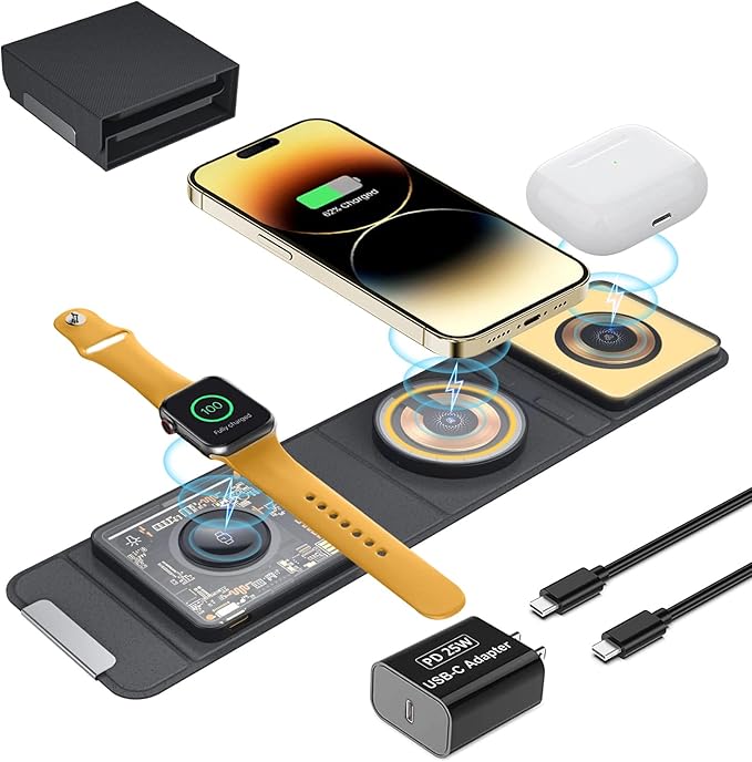Mag-Safe 3 in 1 Charging Station for Apple [with 25W Adapter] Foldable Magnetic Wireless Charger 15W Fast Charging Pad Travel Charger for Multple Devices for iPhone 15 14 13 12 Apple Watch AirPods