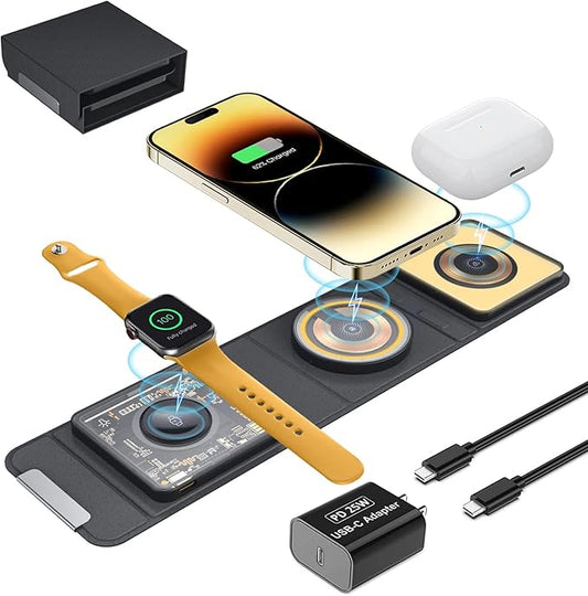 Mag-Safe 3 in 1 Charging Station for Apple [with 25W Adapter] Foldable Magnetic Wireless Charger 15W Fast Charging Pad Travel Charger for Multple Devices for iPhone 15 14 13 12 Apple Watch AirPods