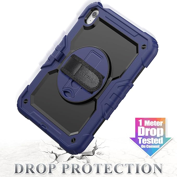 SEYMAC stock Case for iPad (A16) 11th/10th Generation 11''/10.9'' 2025/2022 Full-Body Drop Protection Case with Screen Protector &amp360° Rotate Hand Strap/Stand Navy Blue