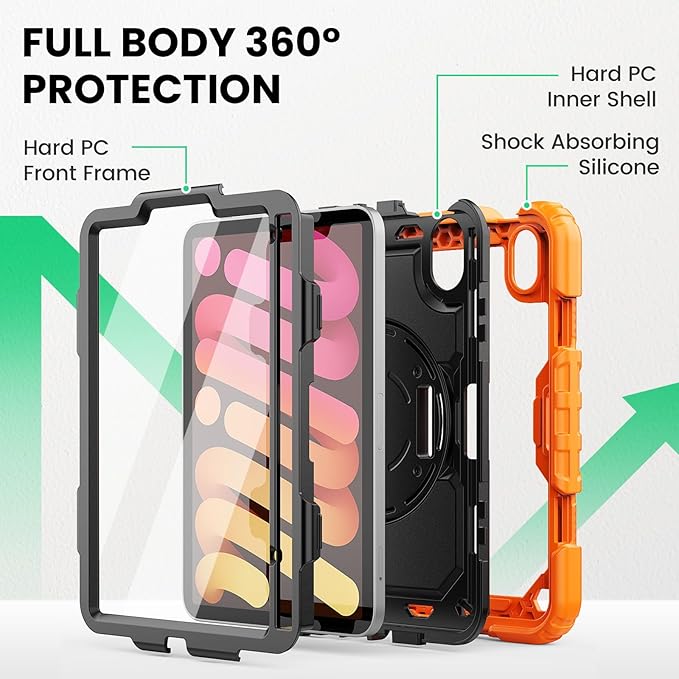 SEYMAC Case for iPad mini 7 (A17 Pro) 2024/ Mini 6 8.3″ Full-Body Shockproof Protective Case with Screen Protector Rotating Stand Hand/Shoulder Strap for iPad mini 7th/ 6th Generation Orange