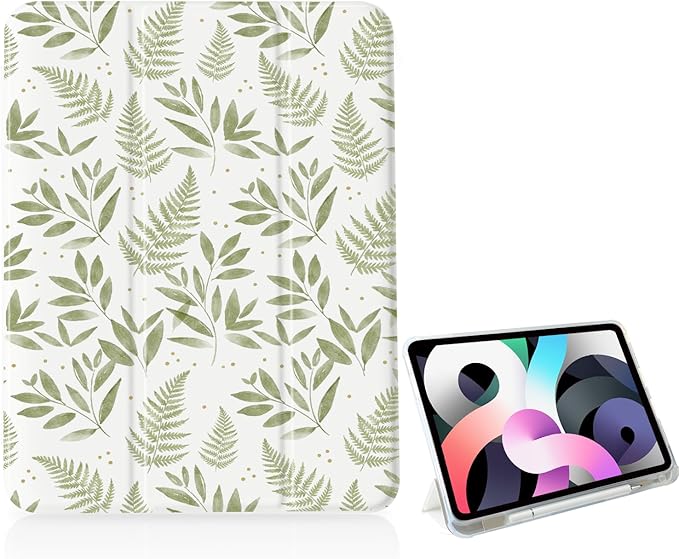 Cute Fern Leaves Branches for iPad 9th/8th/7th Gen Case 10.2 Inch (2021/2020/2019)[Pencil Holder+Auto Sleep/Wake]Slim Stand Soft Leather TPU Back Smart CoverWhite