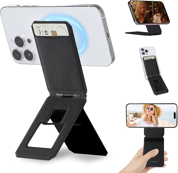 iontech Phone Stand Tripod Wallet Compatible with MagSafe iPhone 17/16/15/14/13/12 Series 3 in 1 Strong Magnetic Phone Holder PU Leather Wallet Lightweight &amp Adjustable Cell Phone Stand (Black)