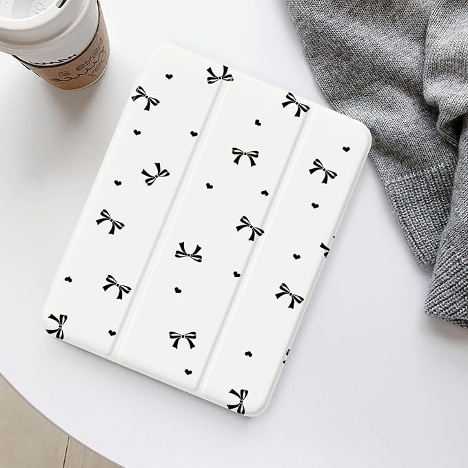 Black Bow Heart Case for iPad mini 7 A17 Pro 2024/iPad Mini 6 (8.3 Inch2021) 6th Gen[Pencil Holder+Auto Sleep/Wake]Slim Trifold Stand Protective Cover with Soft TPU BackWhite