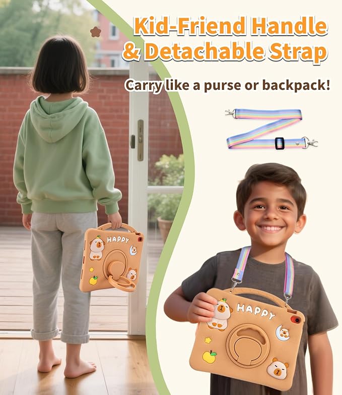 Capybara Kids Case for iPad (A16) 11th Generation 11 inch 2025 / iPad 10th Gen 10.9 2022-3D Cute Silicone Cover for Girls with 360° Rotating Stand Adjustable Strap Pencil Holder-Brown