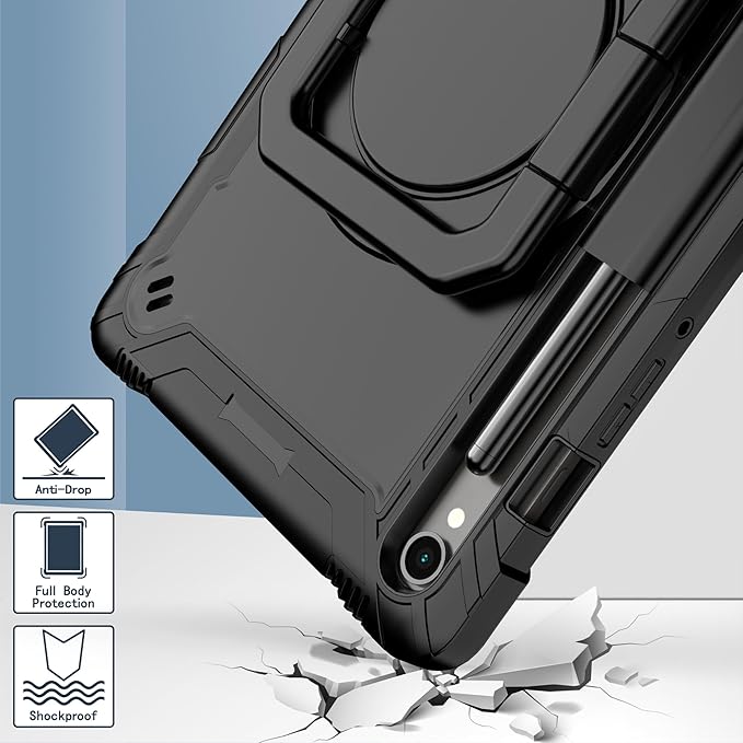 Case for Galaxy Tab S9 FE+/Tab S9+ 12.4 inch Rugged Armor Heavy Duty Hybrid Cover with Adjustable Stand and Handle for Tab S9 Plus 12.4 with Shoulder Strap and S Pen Holder (Black/Black)