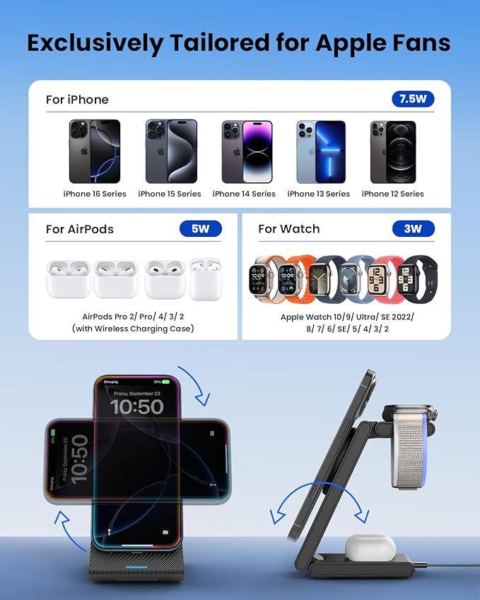 3 in 1 Wireless Charging Station Foldable Magnetic Wireless Charger Stand for Multiple Devices Wireless Charger for iPhone 16/15/14/13/12 Apple Watch 9/8/7/6/SE/5/4/3/2 AirPods 3/2/Pro