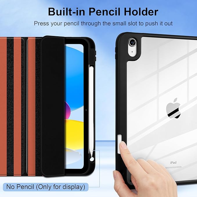DONGKE Case for iPad (A16) 11th Generation 11 inch 2025 &amp iPad 10th Gen 10.9 inch 2022 [Built-in Pencil Holder] Clear Acrylic Back Trifold Stand Smart Cover Auto Sleep/Wake Orange Stripes