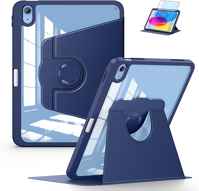 Soke Rotating Case for iPad (A16) 11th Generation 2025 iPad 10th Gen 2022 with Pencil Holder [Shockproof + Auto Sleep/Wake] 360 Degree Rotation Clear Back for iPad 11/10.9 - Navy Blue