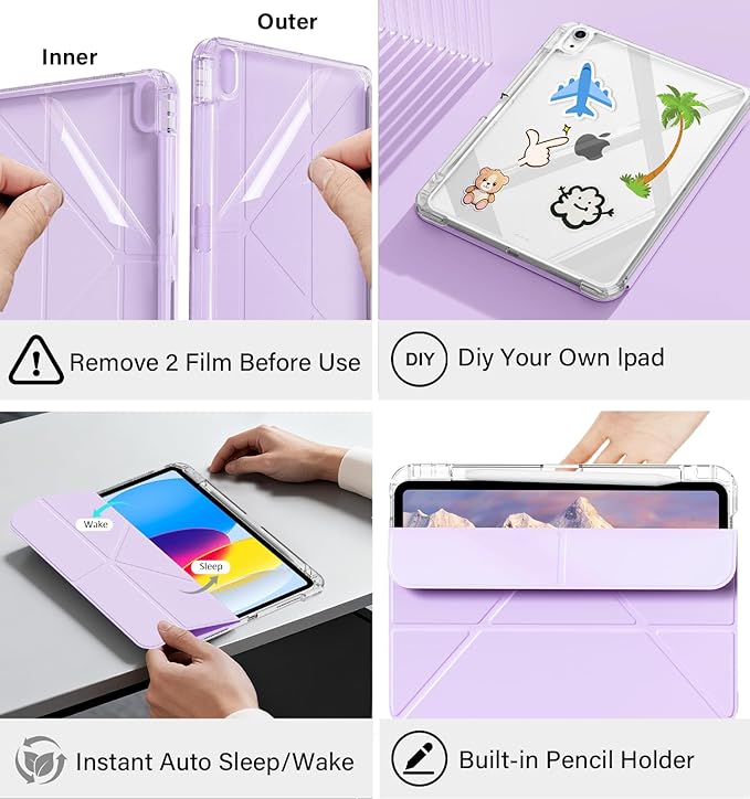 JKSML Case for iPad (A16) 11th/10th Gen with 8+ Viewing Angles DIY Detachable Sliding Cover Fully Clear Hard Back Shell Solid Y-fold Stand Pencil Holder for iPad 10.9 (2022)/ 11 (2025)-Purple-1
