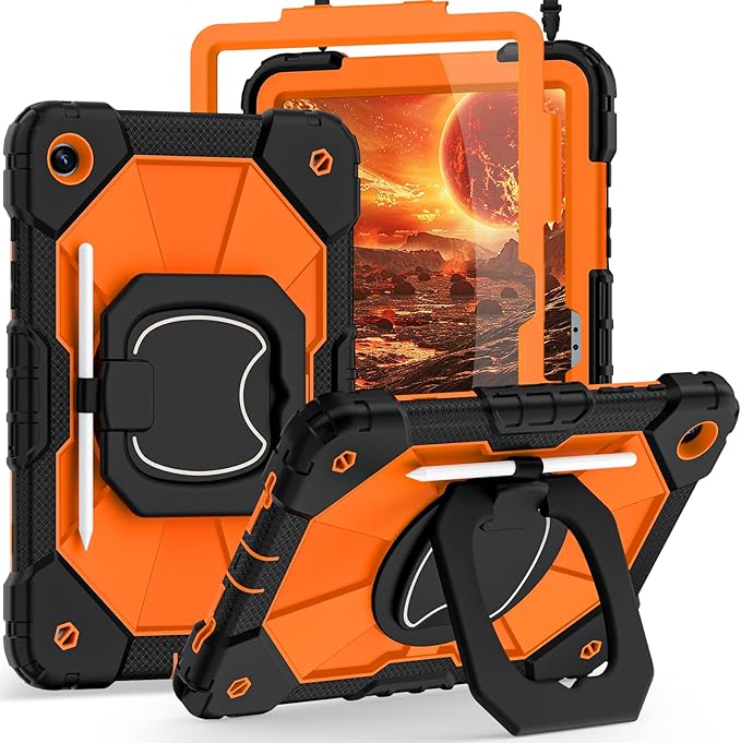 Case for Galaxy Tab A11 Plus/A9 Plus 11 Inch Heavy Duty Cases for Samsung Galaxy A11+/A9+ Tablet Case with Screen Protector 360 Rotating Stand Shoulder Strap Pen HolderBlack Orange