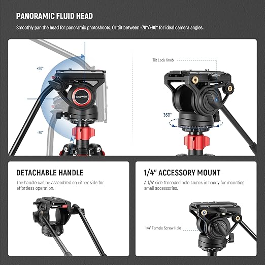 NEEWER 72 Fluid Head Video Tripod Monopod Aluminum Alloy QR Plate Compatible with DJI RS Gimbal 360° Pan &amp +90°/-70° Tilt for DSLR Camera Camcorder Max Load 13.2lb/6kg TP72A