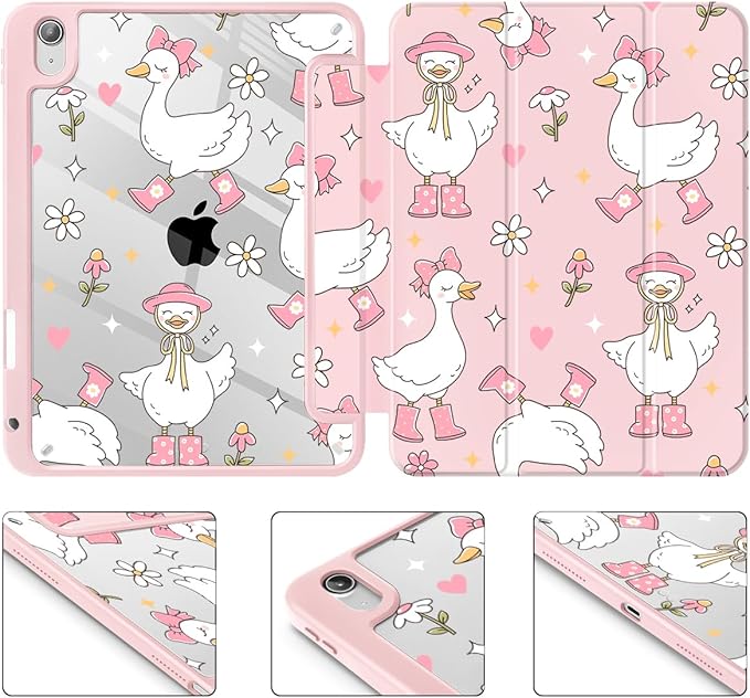 May Chen Case for iPad Air 13 Inch M4 2026 M3 2025 M2 2024 [Built-in Pencil Holder] Shockproof Cover with Clear Transparent Back Shell Auto Sleep/Wake Cover Cute Goose Spring