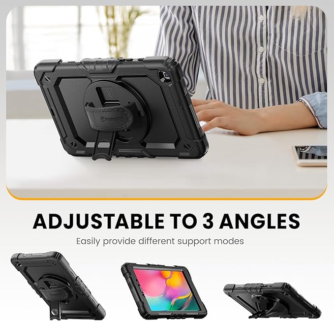 Timecity Case for Samsung Galaxy Tab A 8.0 2019 SM-T290/ T295/ T297 Full-Body Protective Case with Screen Protector Swivel Stand/Handle Shoulder Strap Case for Kids Students Black